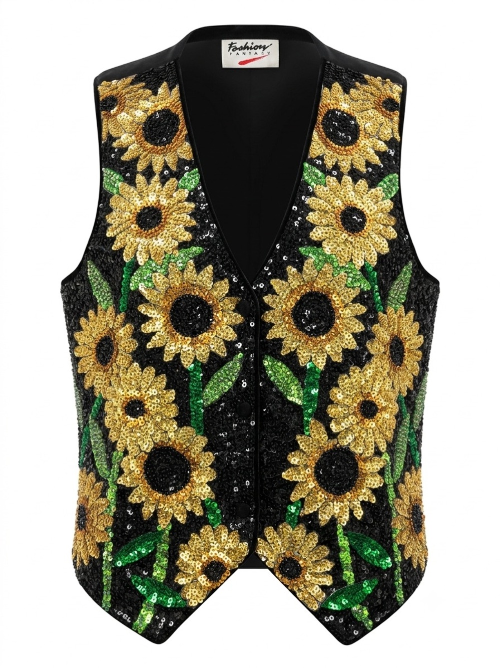 Vintage Fashion Fantasy Sequin Sunflower Vest Sz L Black